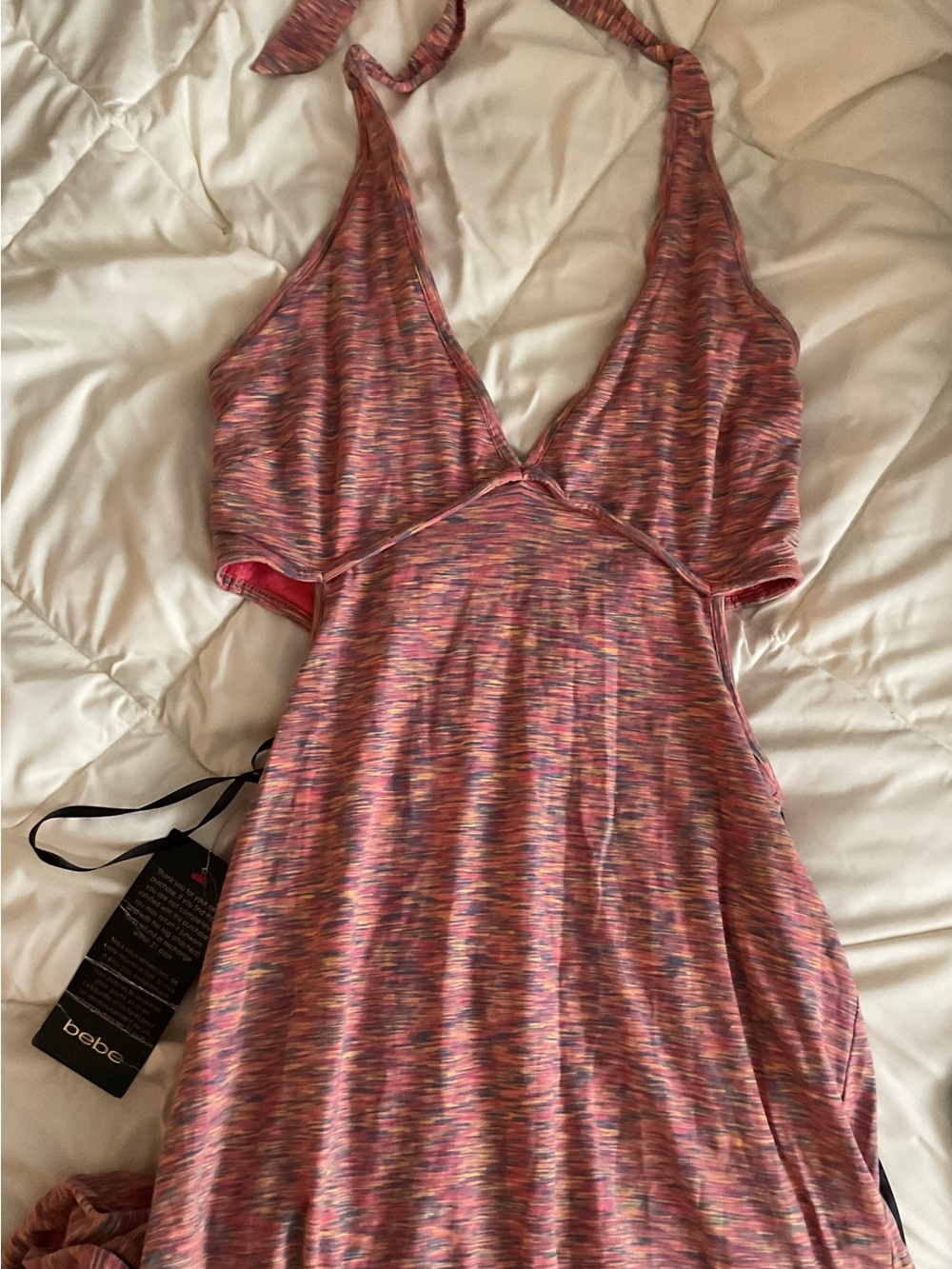 NWT RARE VINTAGE bebe Pink Multicolor Striped Halter Maxi Dress for Summer